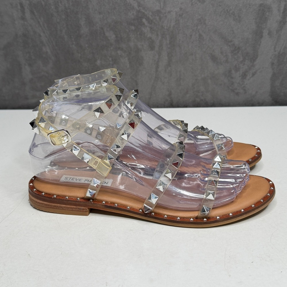 Steve Madden Travel Sandals Womens 6 Clear Tan Studded Gladiator Flat TRAV02S1